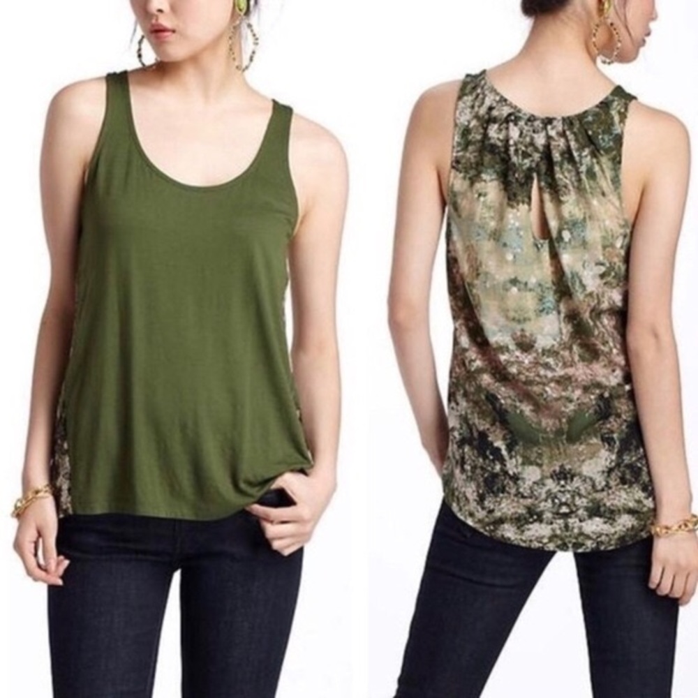 Anthropologie Green Watercolor Print Back Top, S